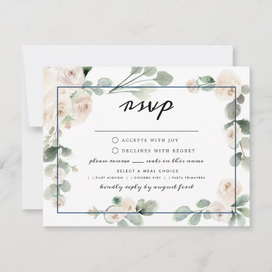Rose blanche Floral Navy Blue RSVP Options de repa (Devant)
