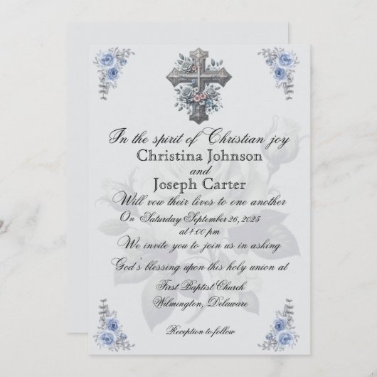 Rose bleu et Faire-part de mariage croisée chrétie (Devant / Derrière)