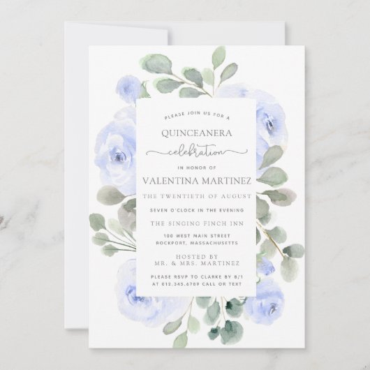 Rose bleu Floral Botanique Quinceanera Invitation (Devant)