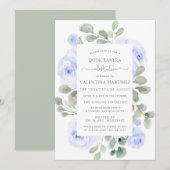 Rose bleu Floral Botanique Quinceanera Invitation (Devant / Derrière)