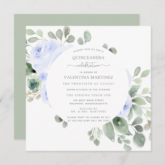 Rose bleu Floral Botanique Quinceanera Invitation (Devant / Derrière)