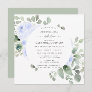Rose bleu Floral Botanique Quinceanera Invitation