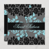 Rose Bleu/Noir & Gris Doux 16 Invitation d'anniver (Devant / Derrière)