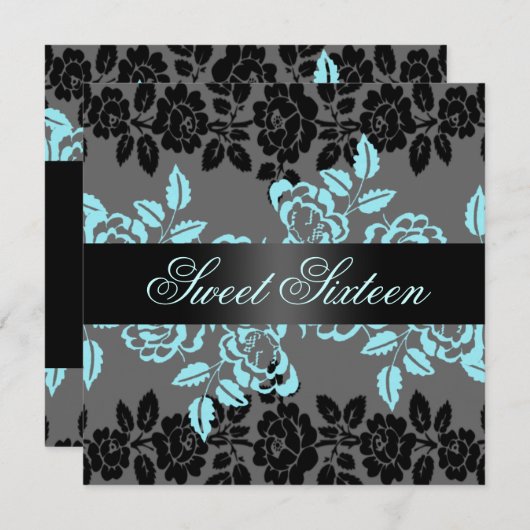 Rose Bleu/Noir & Gris Doux 16 Invitation d'anniver (Devant / Derrière)