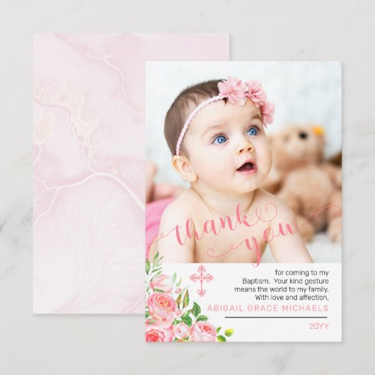 Rose Blooms Baptême Merci photo (Devant / Derrière)