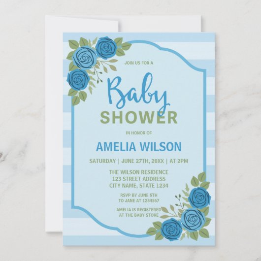Rose Blue Boy Baby shower Invitation (Devant)