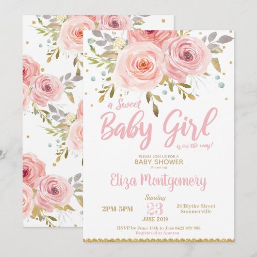Rose Blush Floral Baby shower Invitation fille (Devant / Derrière)