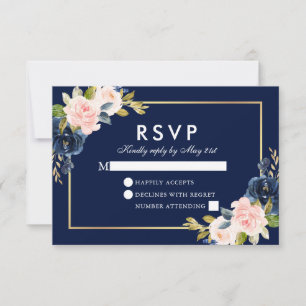 Rose Blush Floral Wedding RSVP Blue Gold