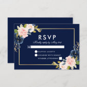 Rose Blush Floral Wedding RSVP Blue Gold (Devant / Derrière)