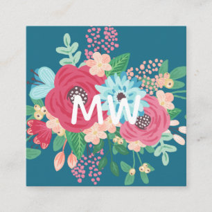Rose Boeketten - Blauwgroen & Roze - Monogram Vierkante Visitekaartje