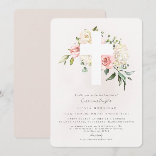 Rose Bouquet Baptême Christening Invitation (Devant / Derrière)