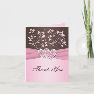 Rose, Brown Floral Coeurs joints Carte de remercie