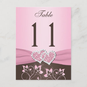Rose, Brown Floral, Coeurs Numéro de table Carte p