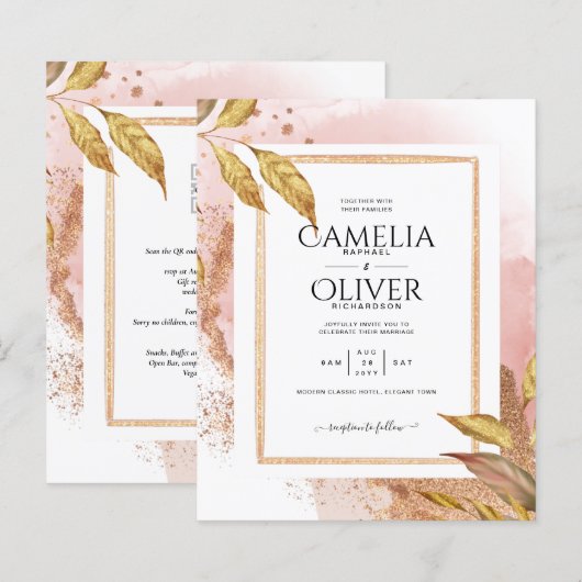 ROSE BUDGET Gold Feuilles de mariage Inviter QR Co (Devant / Derrière)