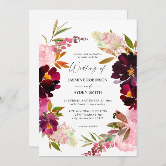 Rose chaud et blanc rose et violet Faire-part de m (Devant / Derrière)