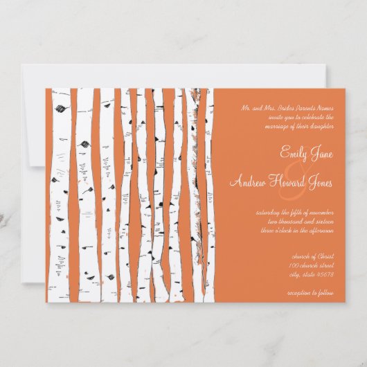 Rose corail Birch Tree Invitations de mariage (Devant)