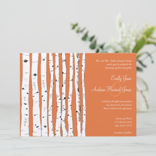 Rose corail Birch Tree Invitations de mariage (Debout devant)