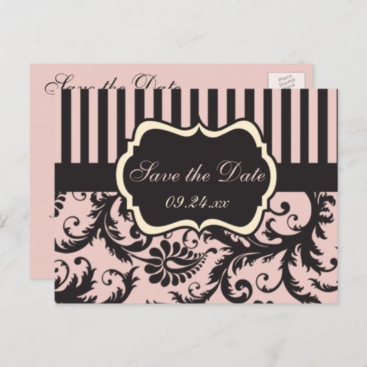 Rose, crème, gris Damas Enregistrer la carte Date (Devant / Derrière)