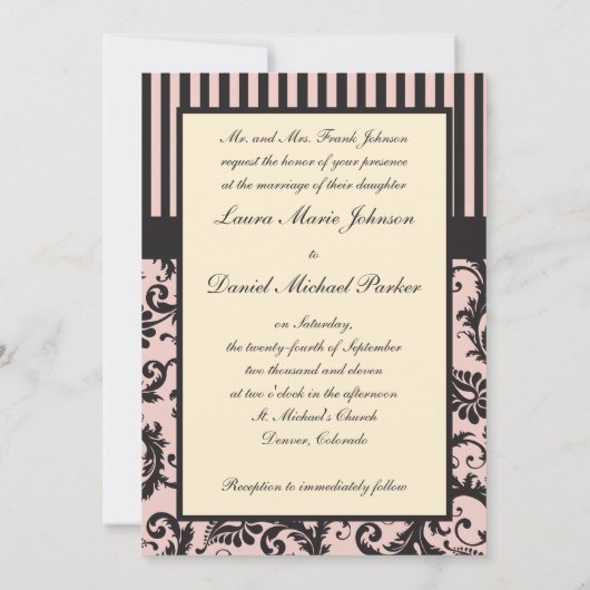 Rose, Crème, Gris Damas Invitation rayée (Dos)