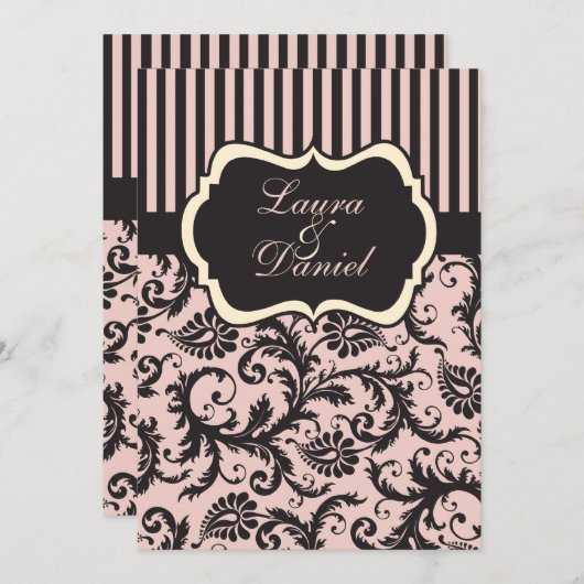 Rose, Crème, Gris Damas Invitation rayée (Devant / Derrière)