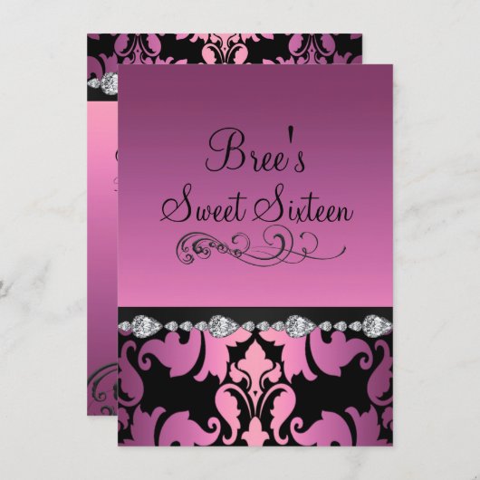 Rose Damask & Diamond Image Sweet 16 Invitation (Devant / Derrière)