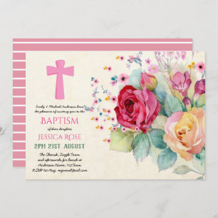 Rose d'aquarelle BAPTISM filles, Invitations