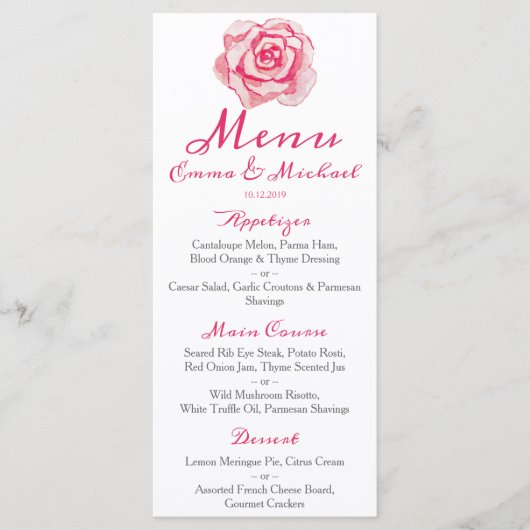Rose d'aquarelle rose | Menu Mariage (Devant)