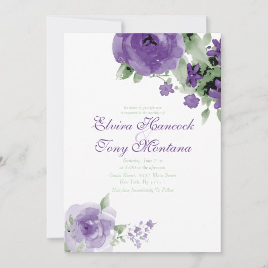 Rose d'aquarelle violet, invitations de mariage (Devant)