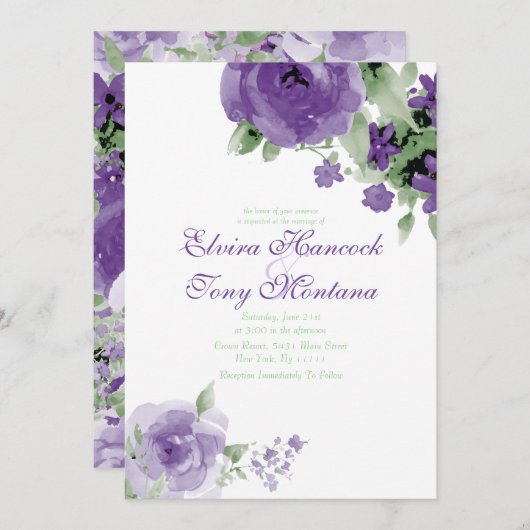Rose d'aquarelle violet, invitations de mariage (Devant / Derrière)