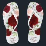 Rose de Boho rouge et rose pâle de Bourgogne<br><div class="desc">Dansez la nuit avec ces belles tongs mariages. Le design chic boho rustique présente des roses d'aquarelle peints à la main dans des tons bordeaux, rouge et rose roux, ainsi que des feuilles d'eucalyptus et de la verdure du jardin. Il y a de la place pour les noms du couple...</div>