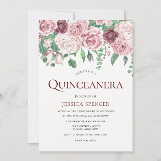 Rose de Bourgogne et Blush Quinceanera Invitation  (Devant)