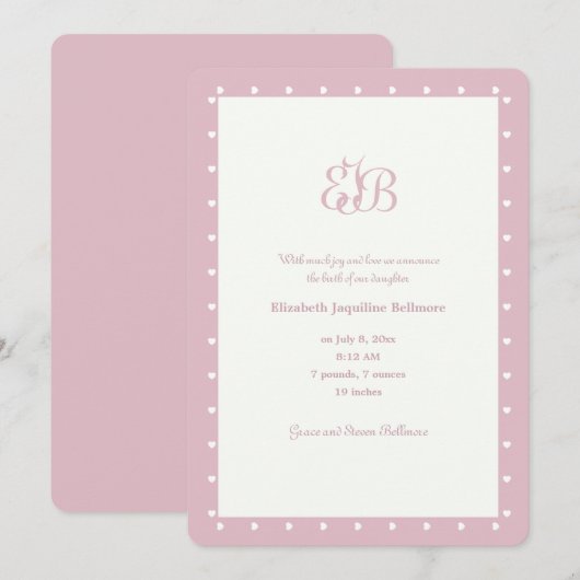 Rose de faire-part de naissance de monogramme (Devant / Derrière)