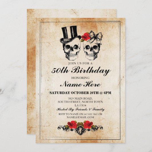 Rose de fête d'anniversaire Crânes Invitation Hall (Devant / Derrière)