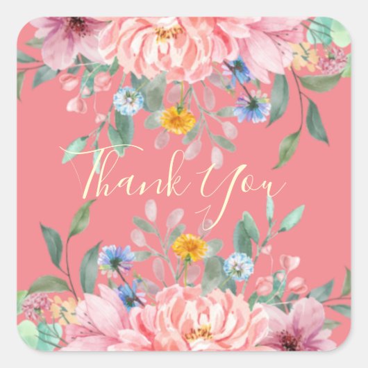 Rose doux avec fleurs carré autocollant (Devant)