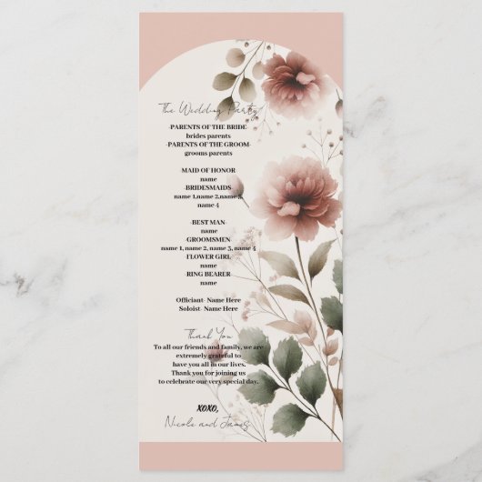 Rose du désert Rose Floral Programme de mariage (Dos)