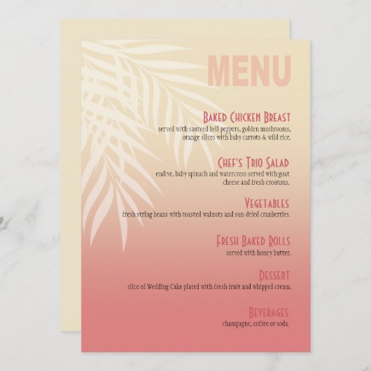 Rose du menu | de dîner de plage de brise d'été (Devant / Derrière)