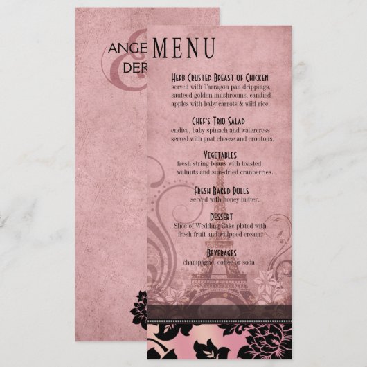 Rose du menu | de dîner de Tour Eiffel de Fleur De (Devant / Derrière)