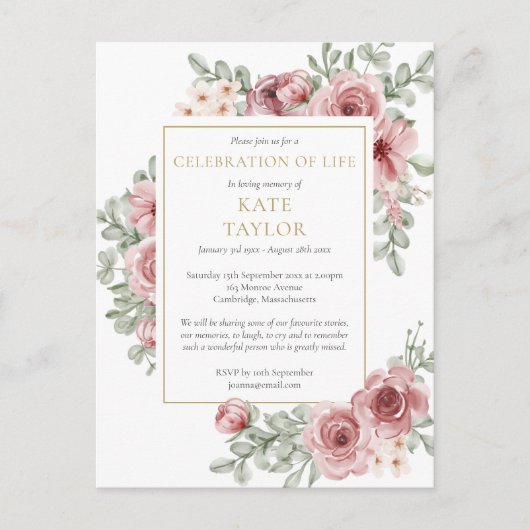Rose Dusty Célébration de la vie Invitation funéra (Devant)