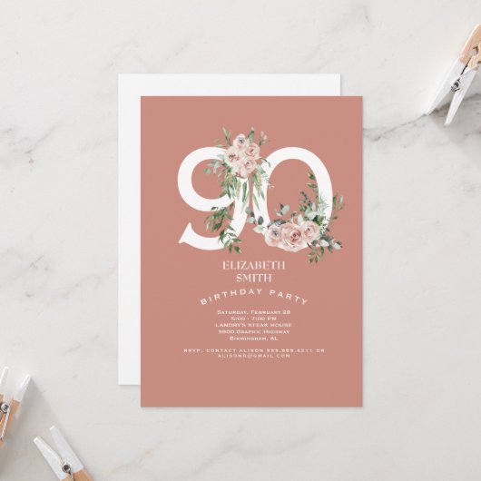 Rose Elégante 90e anniversaire de fête Invitation (Devant/Arrière en situation)