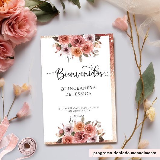 Rose espagnol Gold Floral Quinceanera Programme