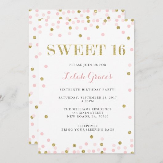 Rose et bonbon à or 16 invitations d'anniversaire (Devant / Derrière)