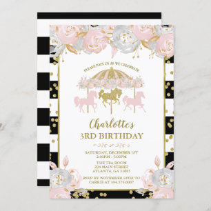 Rose et invitation d'anniversaire de carrousel de