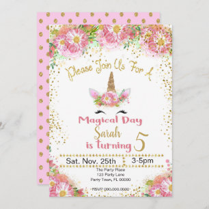 Rose et invitation d'anniversaire de licorne de
