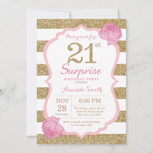 Rose et invitation d'anniversaire de surprise d'or (Devant)
