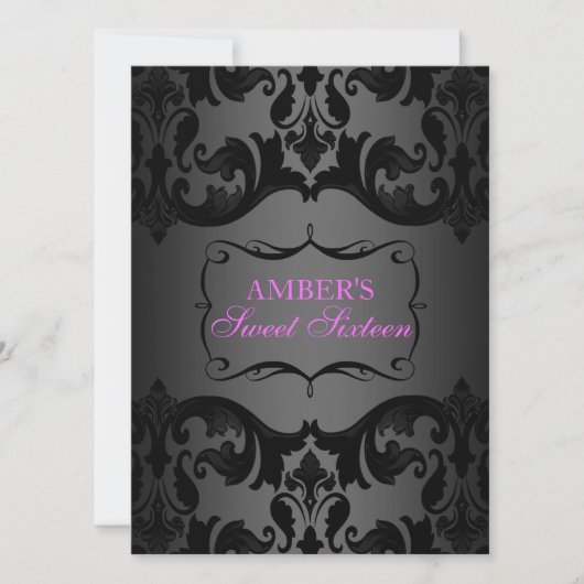 Rose et noir Damask Sweet 16 Invitation d'annivers (Devant)