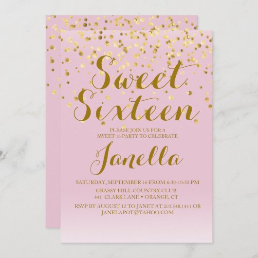 Rose et or doux 16 Invitation (Devant / Derrière)