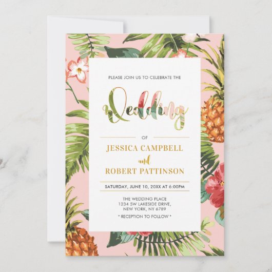 Rose et Or | Faire-Part de Mariage Tropical d'Été (Devant)