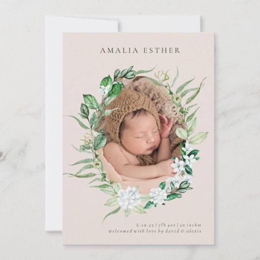 Rose et verdure Bébé fille Faire-part de naissance (Devant)