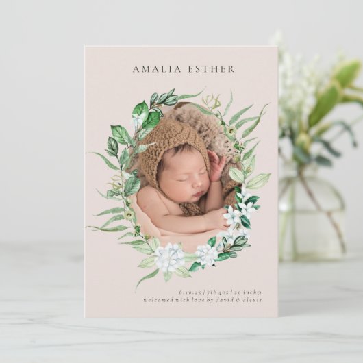 Rose et verdure Bébé fille Faire-part de naissance (Debout devant)