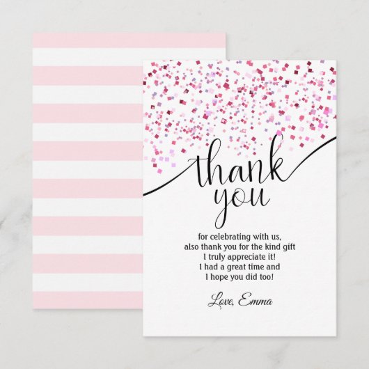 rose, fille, confettis,  carte de remerciement (Devant / Derrière)